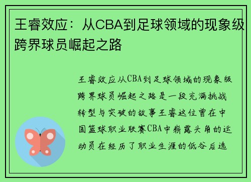 王睿效应：从CBA到足球领域的现象级跨界球员崛起之路